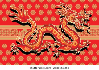 Batik design with dragon motif with dragon, cloud, and flower background. Mandarin translation: Dragon