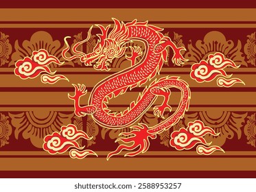 Batik design with dragon motif with dragon, cloud, and flower background. Mandarin translation: Dragon