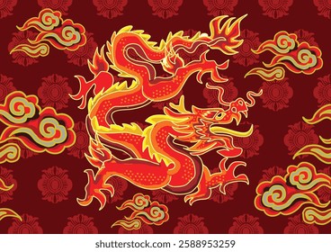 Batik design with dragon motif with dragon, cloud, and flower background. Mandarin translation: Dragon