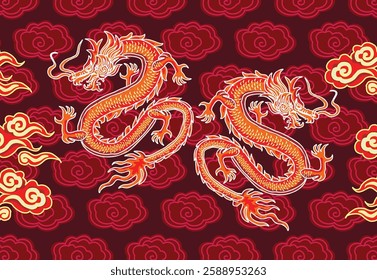 Batik design with dragon motif with dragon, cloud, and flower background. Mandarin translation: Dragon