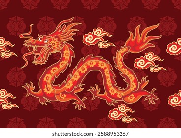 Batik design with dragon motif with dragon, cloud, and flower background. Mandarin translation: Dragon