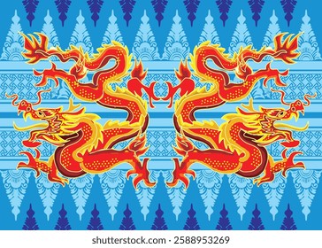 Batik design with dragon motif with dragon, cloud, and flower background. Mandarin translation: Dragon