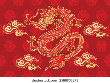 Batik design with dragon motif with dragon, cloud, and flower background. Mandarin translation: Dragon