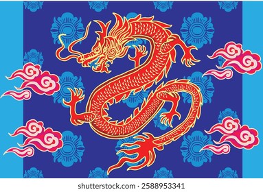 Batik design with dragon motif with dragon, cloud, and flower background. Mandarin translation: Dragon