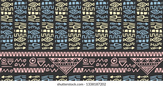 Batik ethnic motif seamless pattern vector illustration with hand drawn handmade on dark background.