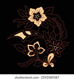 Batik floral design with brown lines and black background