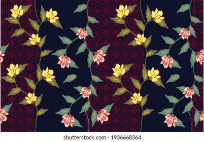 Batik floral pattern, flowers and leaves. Oriental traditional hand painted, seamless print. Vektor EPS 10 