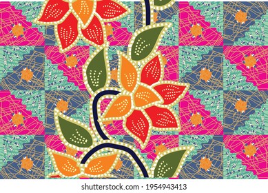 Batik floral pattern, flowers and leaves. Oriental traditional hand painted, seamless print. Vektor EPS 10 