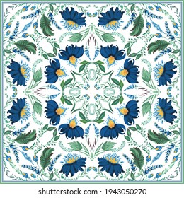 Batik floral pattern in Ukrainian folk painting style Petrykivka for shawl, carpet, bandana. Hand drawn fantasy flowers, leaves, branches isolated on a white background
