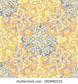 Batik floral seamless pattern in bright summer positive colors. Mandala medallion fluid petals ornament. Organic floral seamless pattern. Kaleidoscope scrapbook design. Persian motifs.