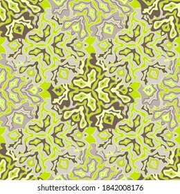 Batik floral seamless pattern in bright summer positive colors. Mandala medallion fluid petals ornament. Organic floral seamless pattern. Doodle blossom design. Oriental motifs.