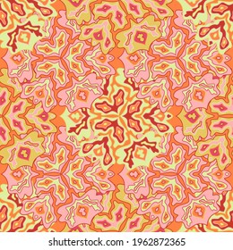 Batik floral seamless pattern in bright summer positive colors. Mandala medallion fluid leaves ornament. Tropical floral seamless pattern. Psychedelic patchwork design. Indian motifs.