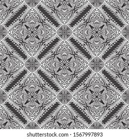 batik floral style signature of Java Indonesia black and white diagonal seamless pattern decorative endless repeated art vector