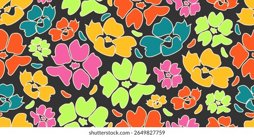 Batik hand drawn flowers, seamless patterns with floral for fabric, textiles, clothing, wallpaper, wall art, cover, banner, home decor, abstract black backgrounds.