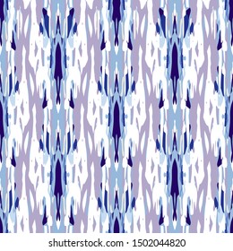 Batik, Hand Drawn. Paint Texture Seamless Pattern. Tribal Texture. Hand Drawn Painted. Blue Cyan Modern Folklore Ancient Embroidery.  Staining Ornamental Shibori Watercolor.