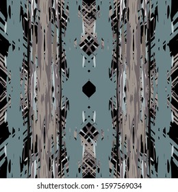 Batik, Hand Drawn. Paint Texture Ornament. Geo Geometric, Endless Repeat Painting.  Black Gray Folk Tribal Geo Textile.  Geometrical Natural Ikat Mosaic.