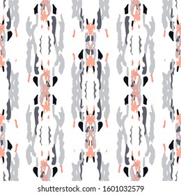 Batik, Hand Drawn. Paint Texture Seamless Pattern. Tribal Texture. Hand Drawn Painted. Rose Gray Old Native Modern Textile.  Graphic Staining Ikat  Motif.
