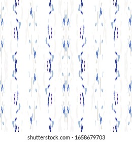 Batik, Hand Drawn. Paint Texture Seamless Pattern. Tribal Texture. Hand Drawn Painted. Blue Cyan Ethnic Summer Native Carpet.  Watercolor Ornamental Shibori Design.