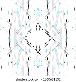 Batik, Hand Drawn. Paint Texture Seamless Pattern. Tribal Texture. Hand Drawn Painted. Blue Gray Ethnic Old Folk Canvas.  Medallion Natural Ikat Mosaic.