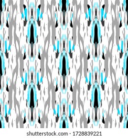 Batik, Hand Drawn. Paint Texture Ornament. Geo Geometric, Endless Repeat Painting.  Blue Gray Summer Tribal Modern Carpet.  Woven Natural Ikat Mosaic.