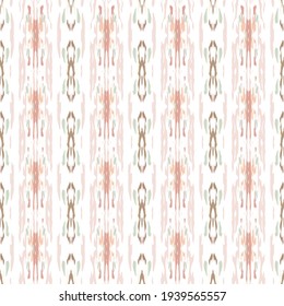 Batik, Hand Drawn. Paint Texture Seamless Pattern. Tribal Texture. Hand Drawn Painted. Brown Ochre Ancient Summer Folklore Linen.  Organic Graphic Ikat Mosaic.