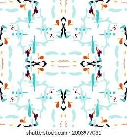 Batik, Hand Drawn. Paint Texture Ornament. Geo Geometric, Endless Repeat Painting.  Mint Orange Summer Tribal Vintage Carpet.  Medallion Ornamental Tie dye Element.