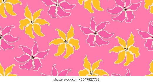 Batik hand drawn pink flowers, seamless patterns with floral for fabric, textiles, clothing, wallpaper, wall art, cover, banner, home decor, abstract backgrounds.