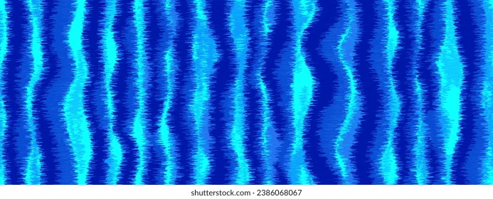 Batik ikat or tie dye seamless pattern with blue waves. Abstract vector background in ethnic or boho style. Washed digital watercolor fabric