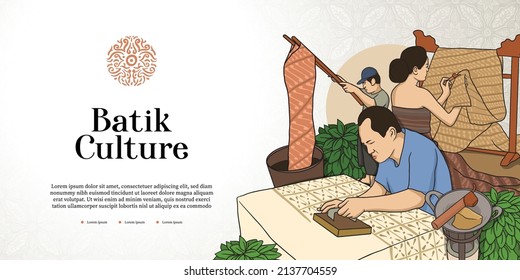 Batik Illustration for banner with landscape ratio. Hand drawn Indonesian cultures background. 