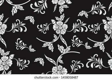 batik indonesian, seamless pattern flowers and leaves hand drawn vector on black background
