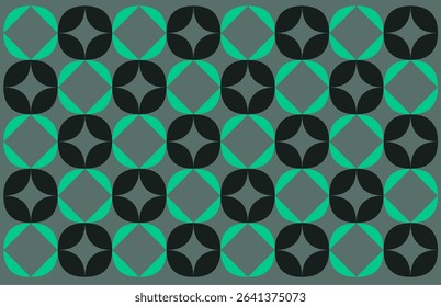 Batik motif, a simple geometric ethnic style pattern featuring interlocking black and teal rounded petal shapes on a dark gray background, forming a repeating floral design.