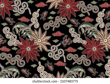 Batik motif with the theme of plants and animals, decorated with some clouds