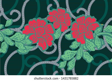 Batik painting of Java Indonesia fabric seamless pattern orange lines and white background