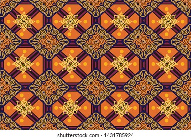 Batik painting of Java Indonesia fabric seamless pattern orange lines and white background