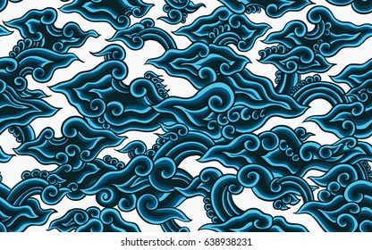Batik painting of Java Indonesia fabric seamless pattern blue with white background