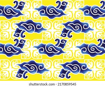 Batik Painting Of Java Indonesia Motif Mega Mendung, Batik Motif Typical Of West Java Indonesia, Curved Line Pattern With Cloud Objects, With Developments And Various Artistic Colors