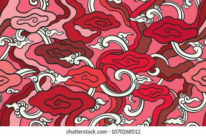 Batik painting of west Java Indonesia mega new style line art fabric seamless pattern  with red and white color domination 