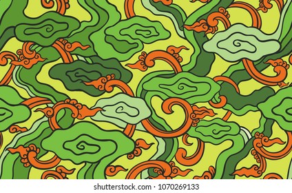 Batik painting of west Java Indonesia mega new style line art fabric seamless pattern  with green and yellow color domination