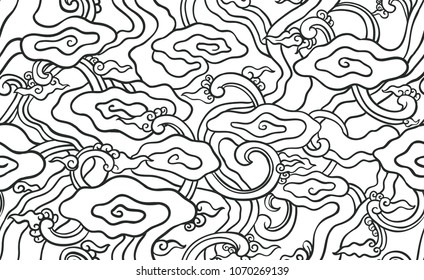 Batik painting of west Java Indonesia mega new style line art fabric seamless pattern  with black line color 