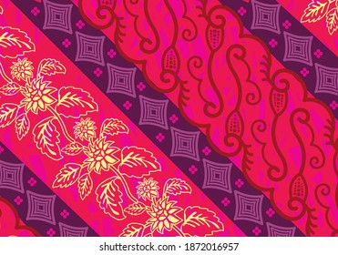 Batik Parang in seiner Entwicklung. Dieses Motiv ist eines der ältesten Batik-Motive Indonesiens. Zeichnen Sie eine diagonale Linie von hoch zu niedrig schräg, um die Kontinuität zu symbolisieren