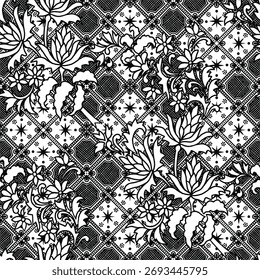 batik pattern design sketch with white background for coloring