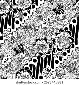 Bosquejo del diseño del patrón de Batik con el fondo blanco para colorear