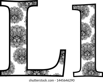 Batik Pattern letter outline illustration. Vector Alphabet symbol for coloring book or laser cutting, wallpaper, fabric, available for print.