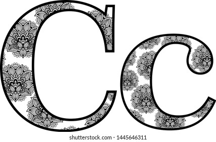 Batik Pattern letter outline illustration. Vector Alphabet symbol for coloring book or laser cutting, wallpaper, fabric, available for print.