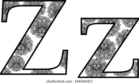 Batik Pattern letter outline illustration. Vector Alphabet symbol for coloring book or laser cutting, wallpaper, fabric, available for print.