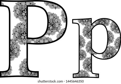 Batik Pattern letter outline illustration. Vector Alphabet symbol for coloring book or laser cutting, wallpaper, fabric, available for print.