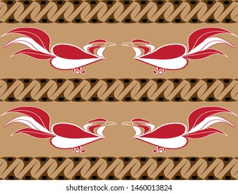 batik pattern, rooster motif with wings forming a red and white heart, the color of the Indonesian flag commemorates independence day for background, wallpaper, textiles and decoration