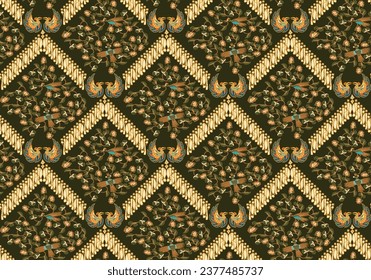 Batik pattern seamless design. Parang batik contemporer. Original written batik with natural themes, birds, leaves and flowers. Textile fashion design.