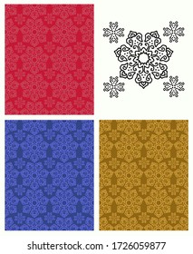 Batik pattern set collection with examples of basic shapes. Perfect for art, cards, cover, wedding invitations, art, wallpaper, and background. Red, blue, and brown.