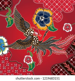 batik. printed on fabric. garment. used as material for making clothes or dresses for special occasions such as weddings, meetings, official clothing etc. red colour. Vector illustration